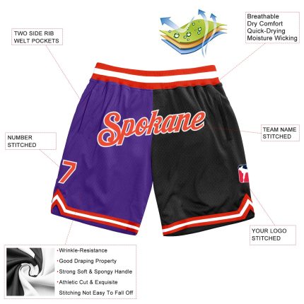 Personalized Purple Orange-Black Authentic Throwback Split Fashion Basketball Shorts Team Custom Name and Number
