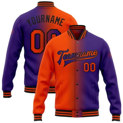 Personalized Purple Orange-Black Bomber Full-Snap Varsity Letterman Gradient Fashion Jacket Team Custom Name and Number