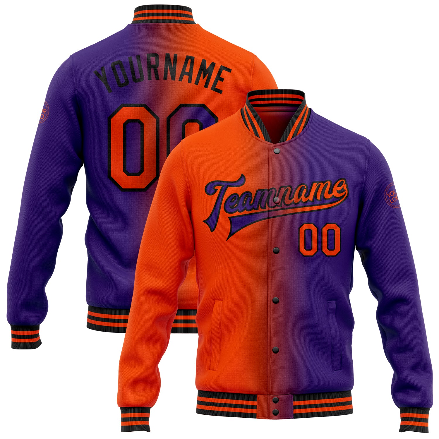 Personalized Purple Orange-Black Bomber Full-Snap Varsity Letterman Gradient Fashion Jacket Team Custom Name and Number