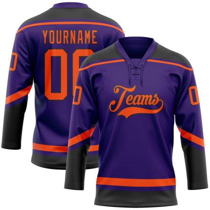 Personalized Purple Orange-Black Hockey Lace Neck Jersey Team Custom Name and Number