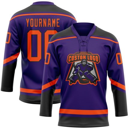Personalized Purple Orange-Black Hockey Lace Neck Jersey Team Custom Name and Number