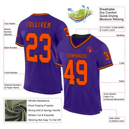 Personalized Purple Orange-Black Mesh Authentic Throwback Football Jersey Team Custom Name and Number