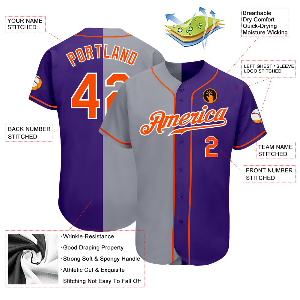 Personalized Purple Orange-Gray Authentic Split Fashion Baseball Jersey Team Custom Name and Number Personalized Purple Orange-Gray Authentic Split Fashion Baseball Jersey Team Custom Name and Number - Image 3
