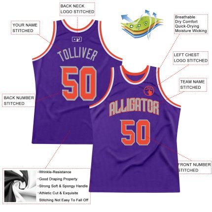 Personalized Purple Orange-Gray Authentic Throwback Basketball Jersey Team Custom Name and Number
