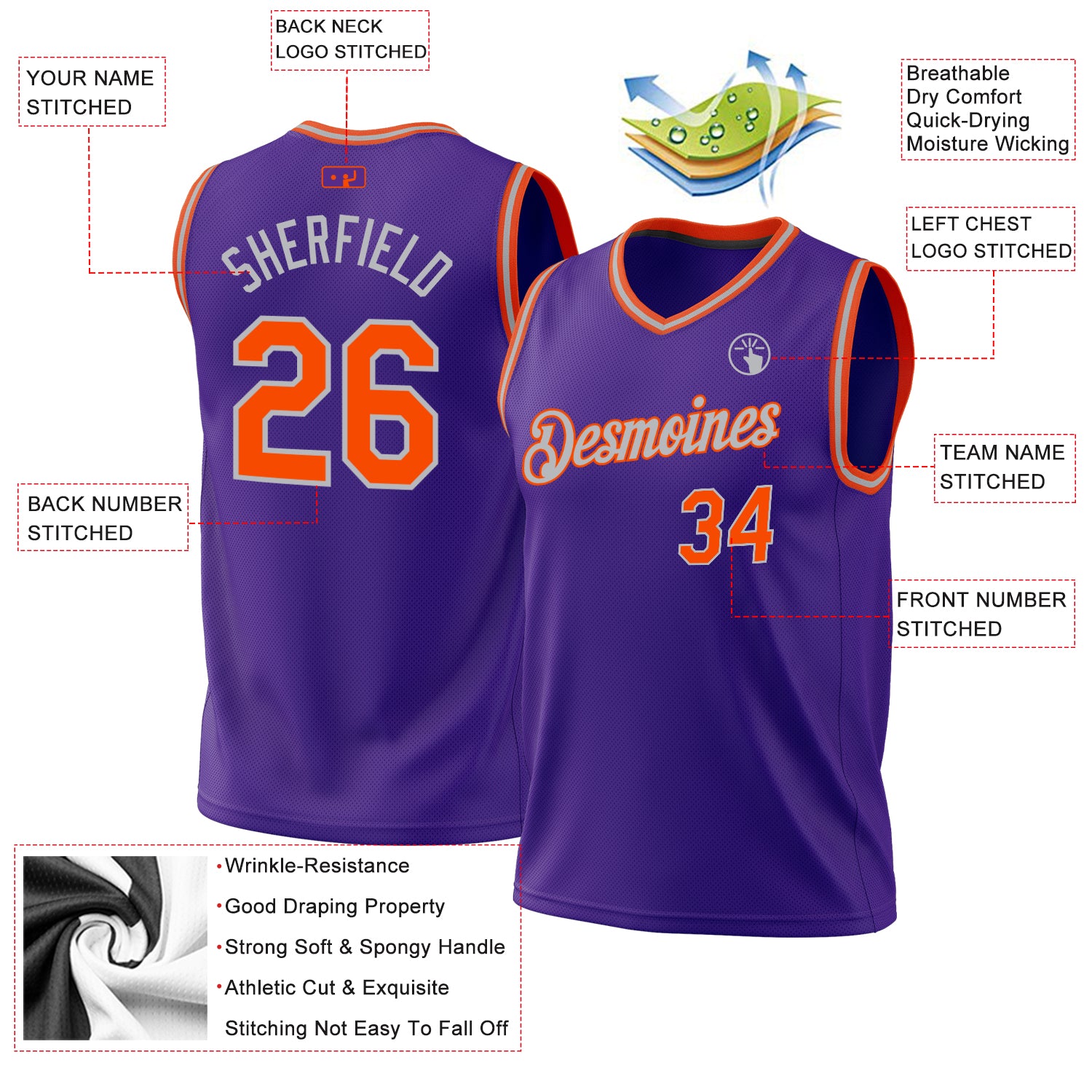 Personalized Purple Orange-Gray Authentic Throwback Basketball Jersey Personalized Purple Orange-Gray Authentic Throwback Basketball Jersey - Image 3
