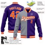 Personalized Purple Orange-Gray Bomber Full-Snap Varsity Letterman Split Fashion Jacket Team Custom Name and Number