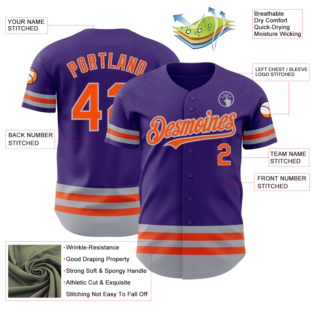 Personalized Purple Orange-Gray Line Authentic Baseball Jersey Team Custom Name and Number Personalized Purple Orange-Gray Line Authentic Baseball Jersey Team Custom Name and Number - Image 3