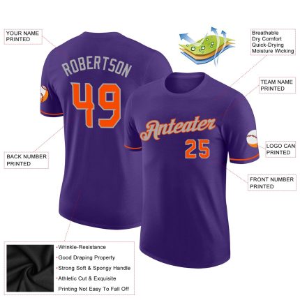Personalized Purple Orange-Gray Performance T-Shirt Team Custom Name and Number