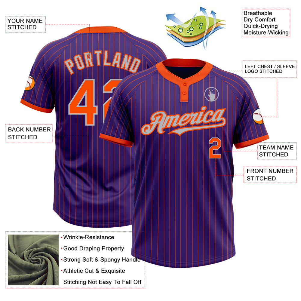 Personalized Purple Orange Pinstripe Gray Two-Button Unisex Softball Jersey Team Custom Name and Number Personalized Purple Orange Pinstripe Gray Two-Button Unisex Softball Jersey Team Custom Name and Number - Image 3