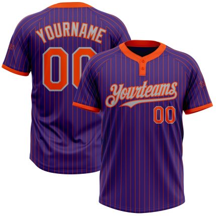 Personalized Purple Orange Pinstripe Gray Two-Button Unisex Softball Jersey Team Custom Name and Number