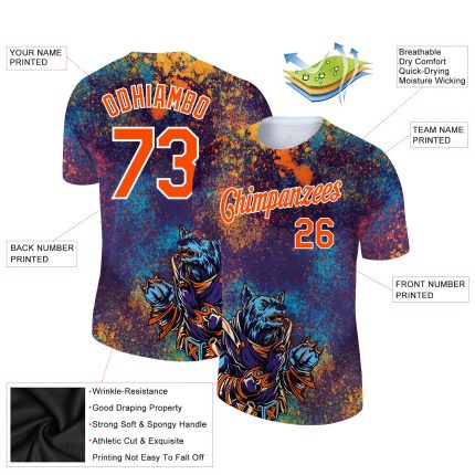 Personalized Purple Orange-White 3D Pattern Design Holi Festival Color Powder Performance T-Shirt Team Custom Name and Number