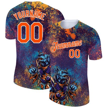Personalized Purple Orange-White 3D Pattern Design Holi Festival Color Powder Performance T-Shirt Team Custom Name and Number