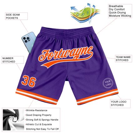 Personalized Purple Orange-White Authentic Throwback Basketball Shorts Team Custom Name and Number