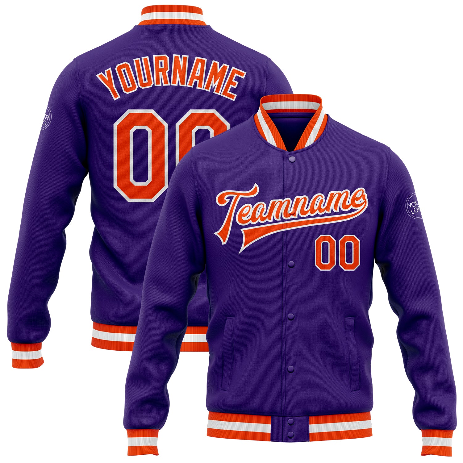 Personalized Purple Orange-White Bomber Full-Snap Varsity Letterman Jacket Team Custom Name and Number