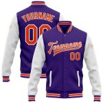 Personalized Purple Orange-White Bomber Full-Snap Varsity Letterman Two Tone Jacket Team Custom Name and Number