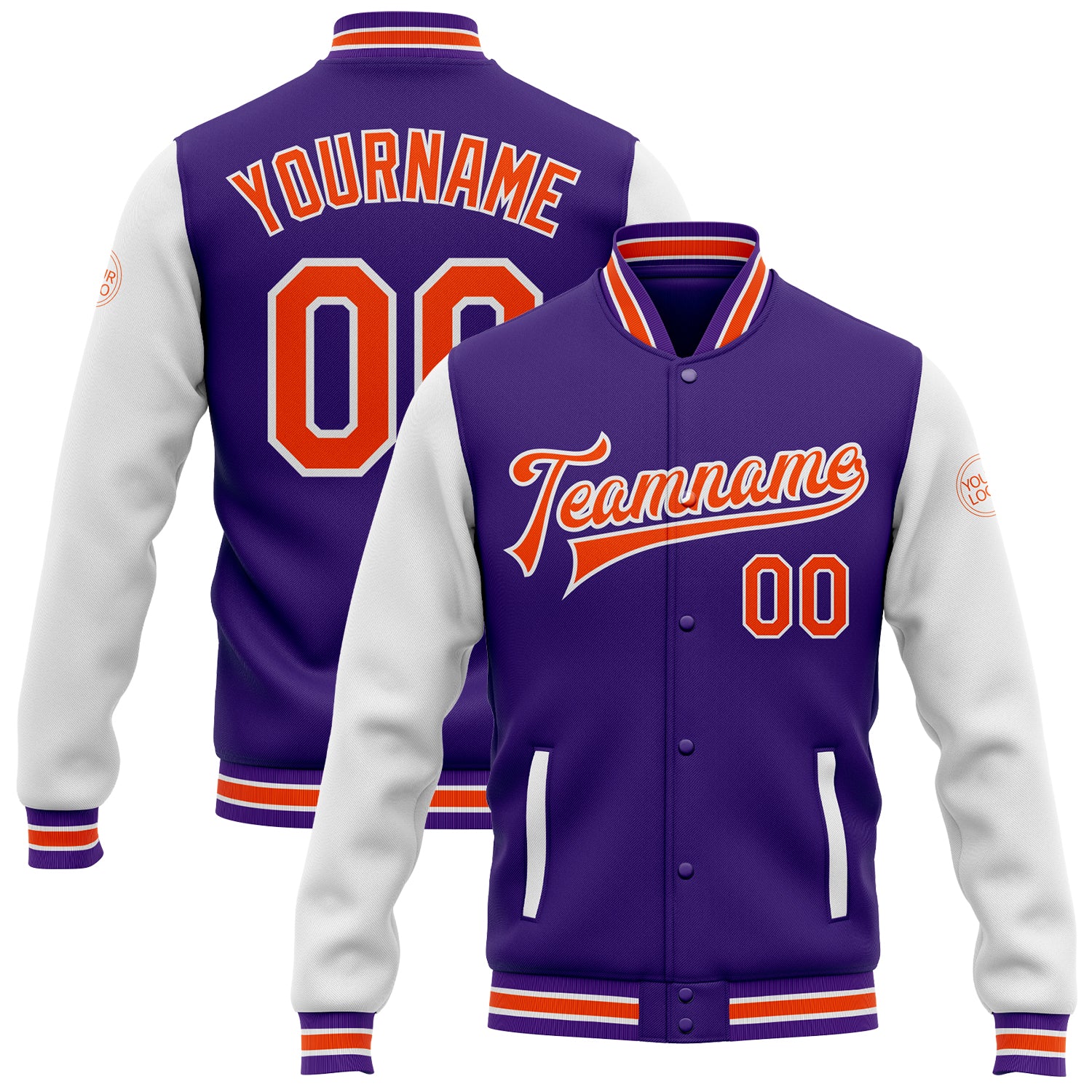 Personalized Purple Orange-White Bomber Full-Snap Varsity Letterman Two Tone Jacket Team Custom Name and Number
