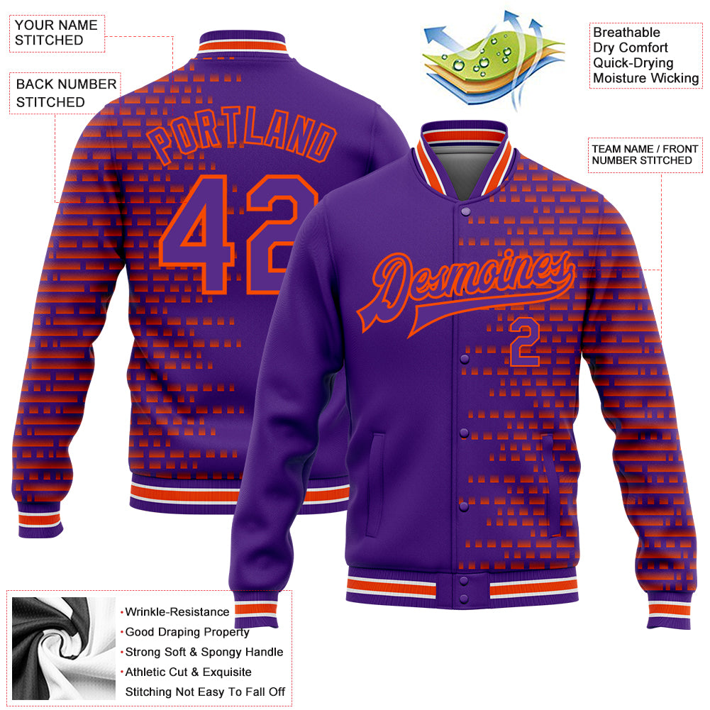 Personalized Purple Orange-White Halftone 3D Pattern Design Bomber Full-Snap Varsity Letterman Jacket Team Custom Name and Number Personalized Purple Orange-White Halftone 3D Pattern Design Bomber Full-Snap Varsity Letterman Jacket Team Custom Name and Number - Image 3