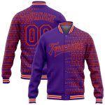 Personalized Purple Orange-White Halftone 3D Pattern Design Bomber Full-Snap Varsity Letterman Jacket Team Custom Name and Number