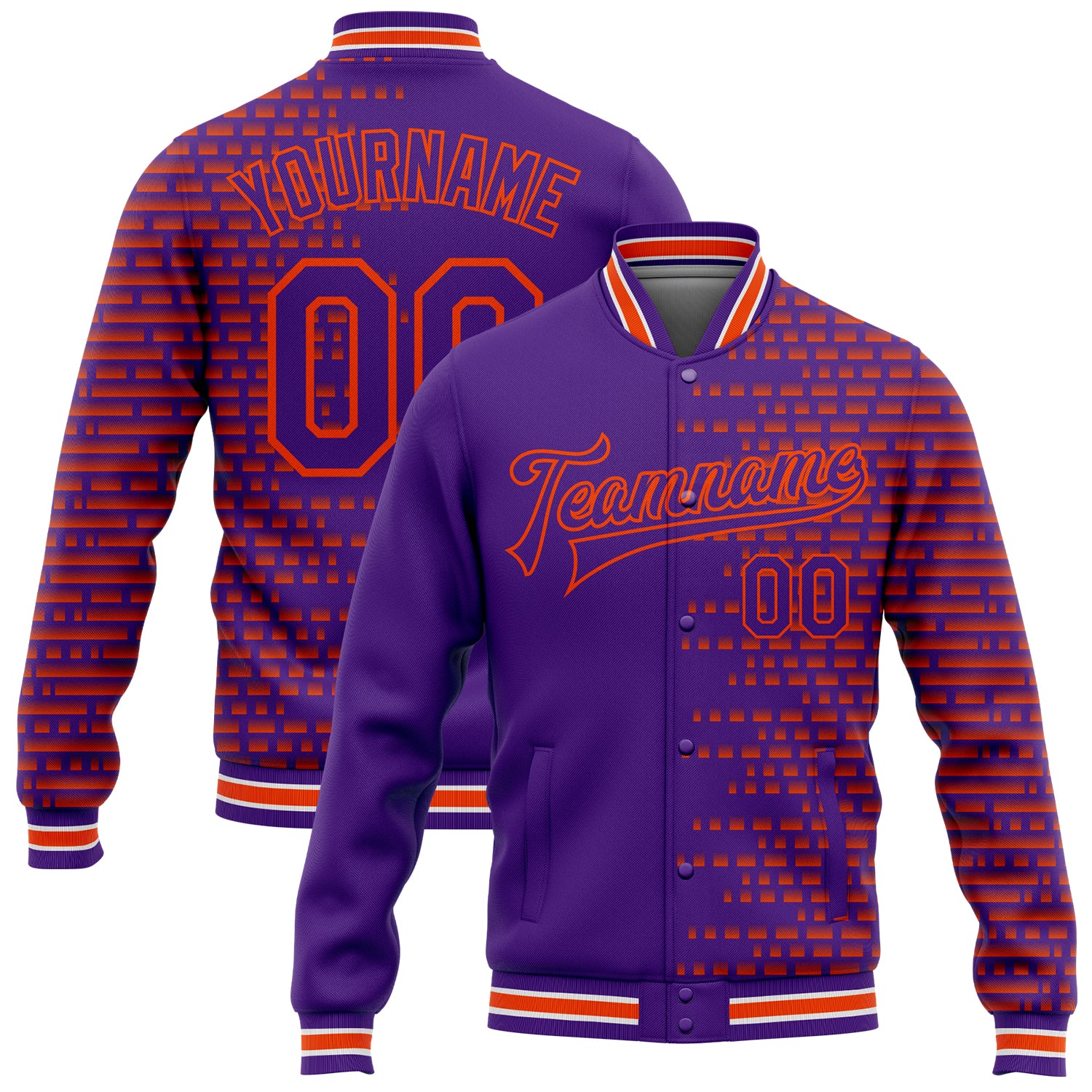 Personalized Purple Orange-White Halftone 3D Pattern Design Bomber Full-Snap Varsity Letterman Jacket Team Custom Name and Number