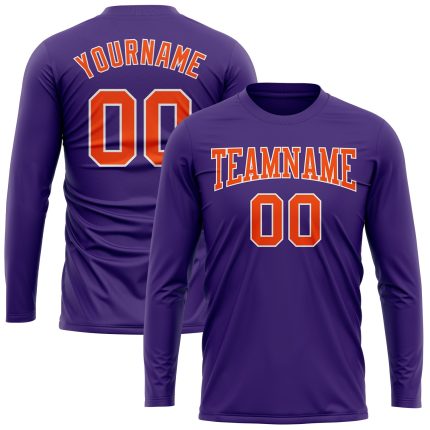 Personalized Purple Orange-White Long Sleeve Performance T-Shirt Team Custom Name and Number