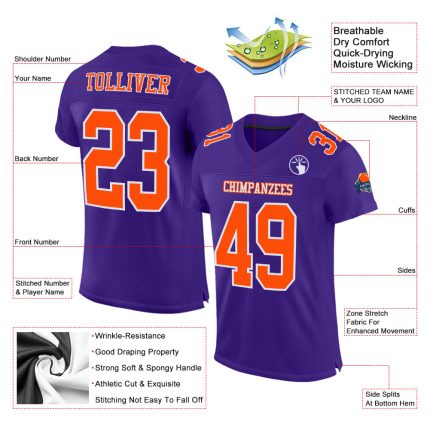 Personalized Purple Orange-White Mesh Authentic Football Jersey Team Custom Name and Number