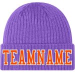 Personalized Purple Orange-White Stitched Cuffed Knit Hat Team Custom Name and Number