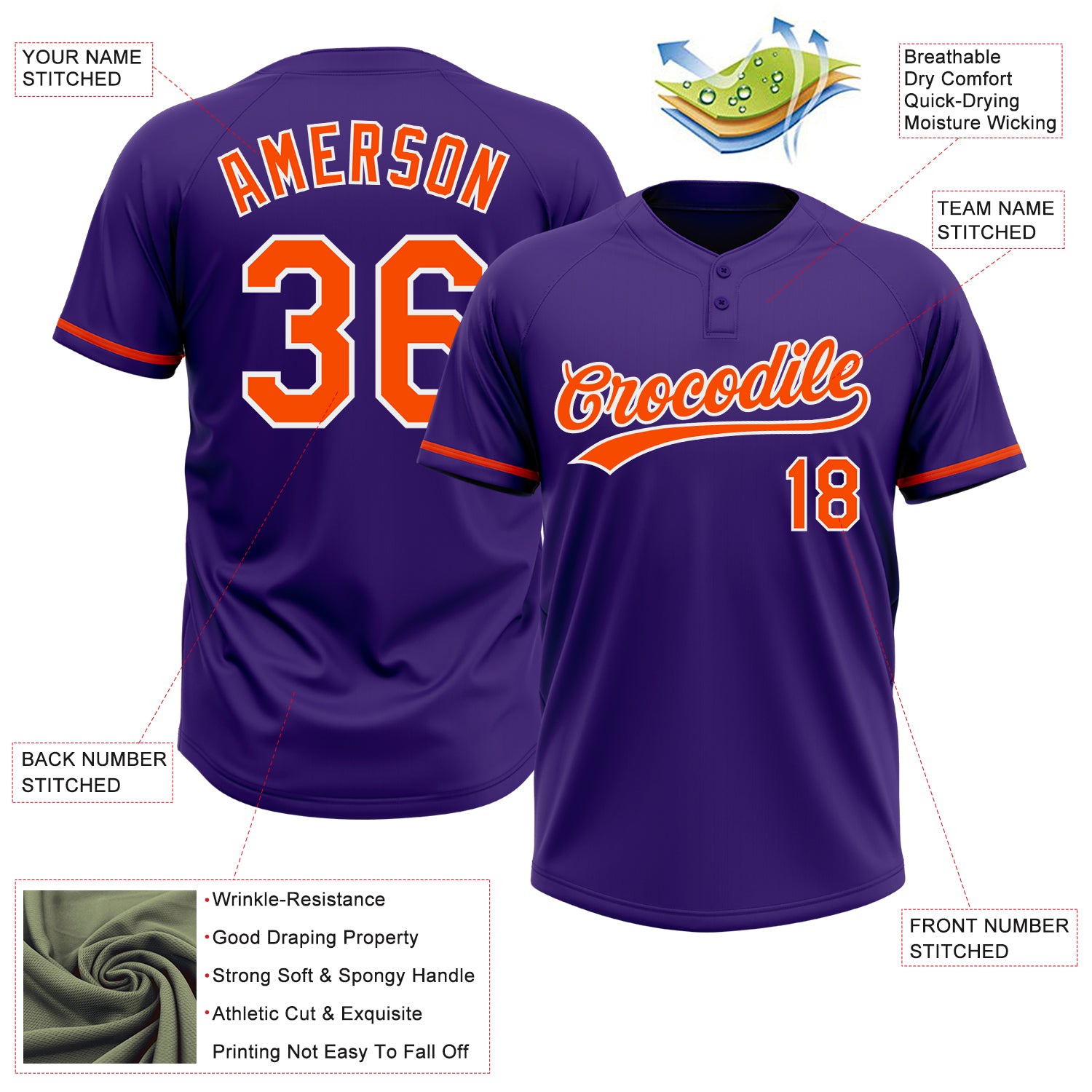 Personalized Purple Orange-White Two-Button Unisex Softball Jersey Personalized Purple Orange-White Two-Button Unisex Softball Jersey - Image 3
