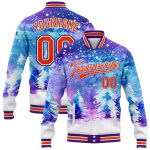 Personalized Purple Orange-White Watercolor Winter Landscape With Snowy Trees 3D Pattern Design Bomber Full-Snap Varsity Letterman Jacket Team Custom Name and Number