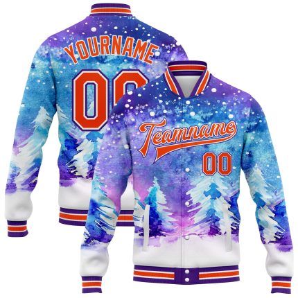 Personalized Purple Orange-White Watercolor Winter Landscape With Snowy Trees 3D Pattern Design Bomber Full-Snap Varsity Letterman Jacket Team Custom Name and Number