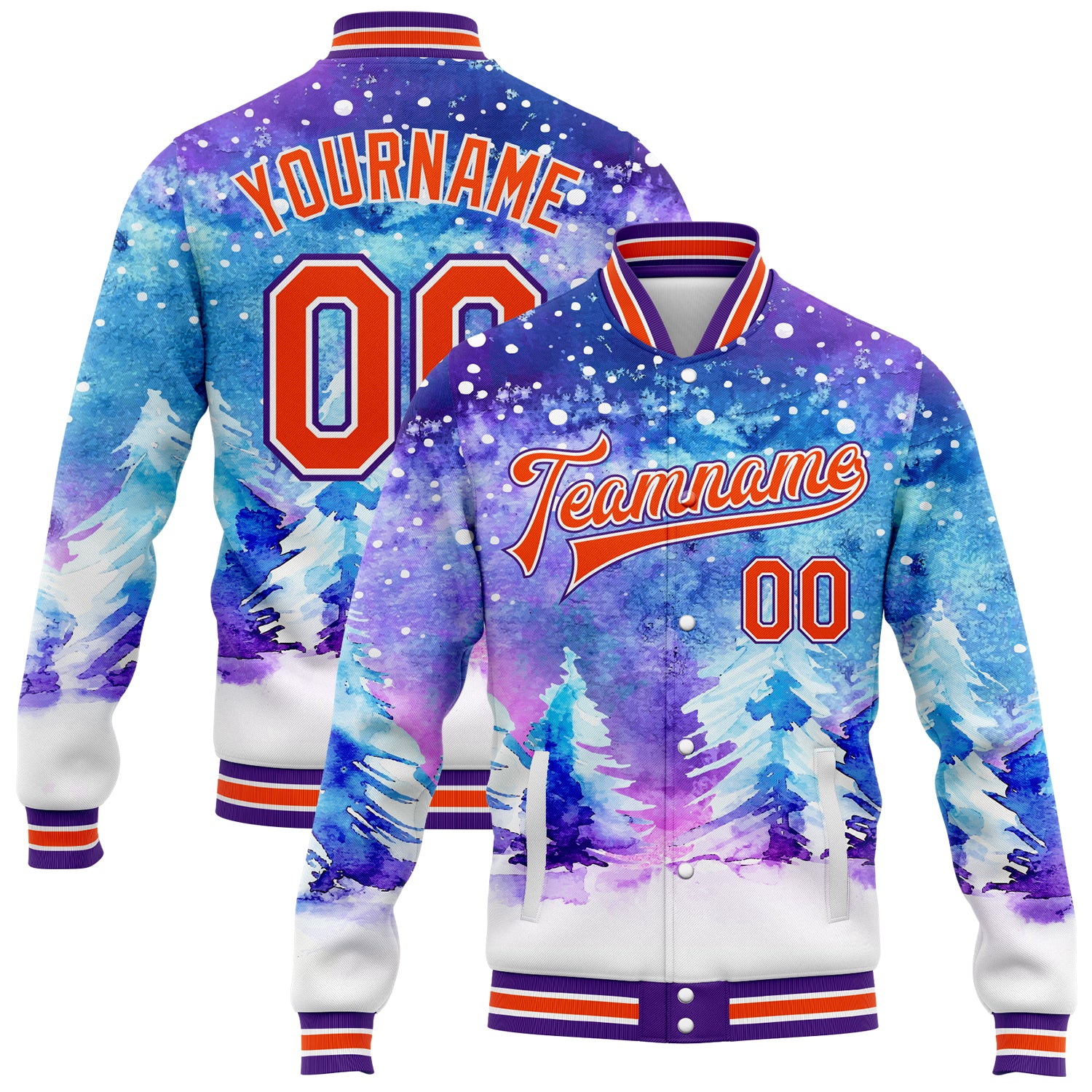 Personalized Purple Orange-White Watercolor Winter Landscape With Snowy Trees 3D Pattern Design Bomber Full-Snap Varsity Letterman Jacket Team Custom Name and Number