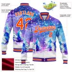 Personalized Purple Orange-White Watercolor Winter Landscape With Snowy Trees 3D Pattern Design Bomber Full-Snap Varsity Letterman Jacket Team Custom Name and Number