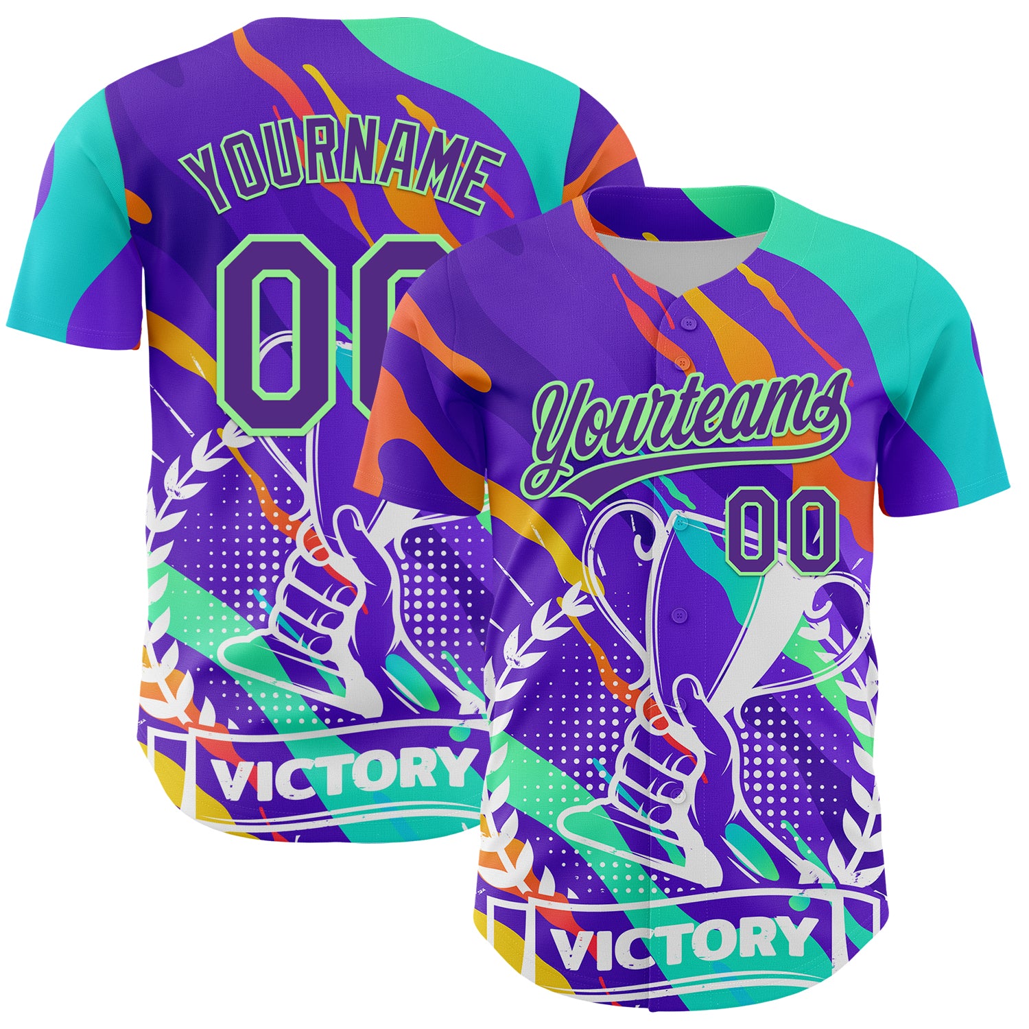 Personalized Purple Pea Green 3D Pattern Design Champion Trophy Authentic Baseball Jersey Team Custom Name and Number