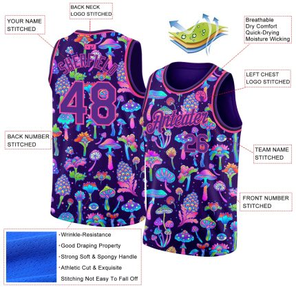 Personalized Purple Pink 3D Pattern Design Flowers And Mushrooms Psychedelic Hallucination Authentic Basketball Jersey Team Custom Name and Number