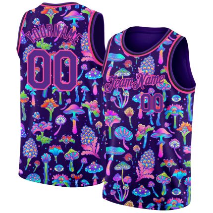 Personalized Purple Pink 3D Pattern Design Flowers And Mushrooms Psychedelic Hallucination Authentic Basketball Jersey Team Custom Name and Number