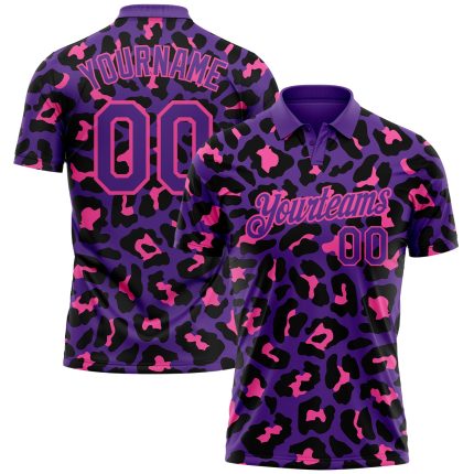 Personalized Purple Pink 3D Pattern Design Leopard Print Performance Golf Polo Shirt Team Custom Name and Number