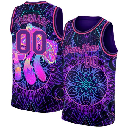 Personalized Purple Pink 3D Pattern Design Magic Mushrooms Over Sacred Geometry Psychedelic Hallucination Authentic Basketball Jersey Team Custom Name and Number