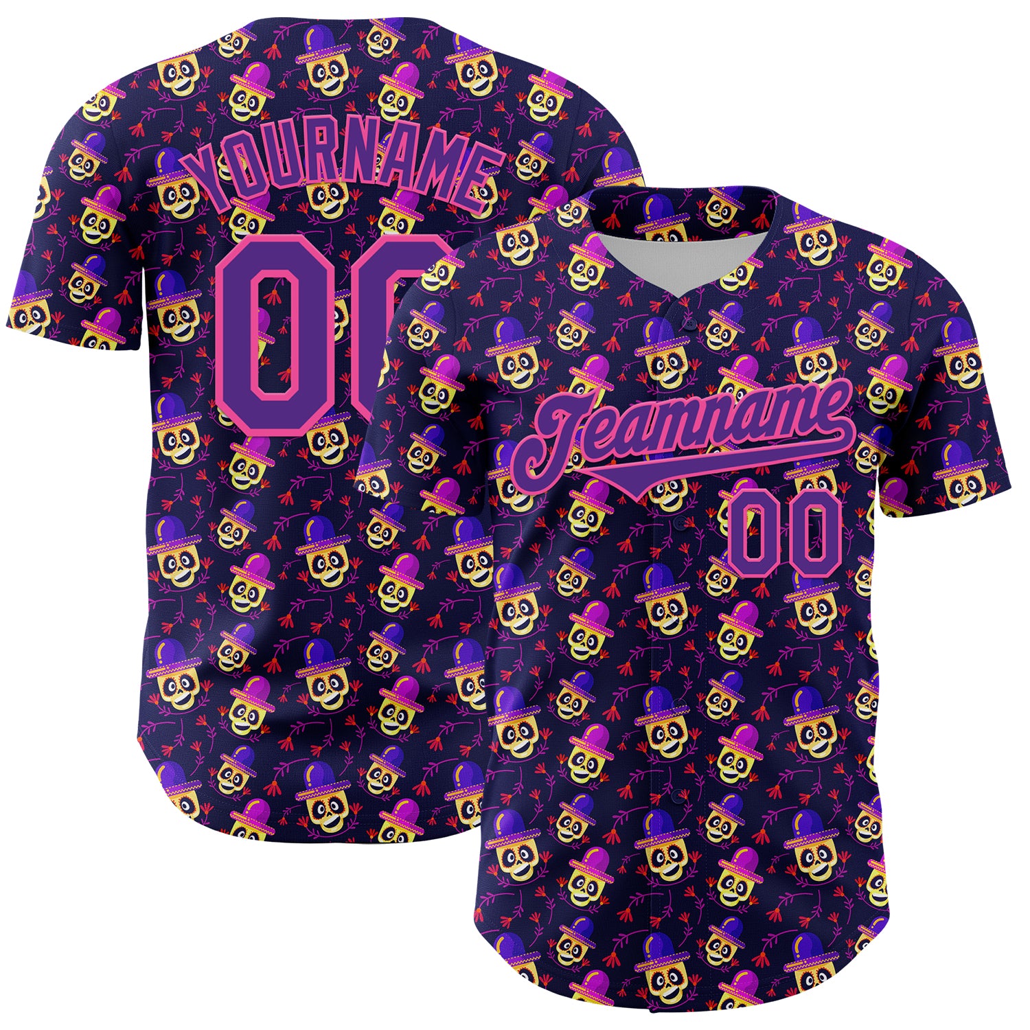 Personalized Purple Pink 3D Pattern Design Rave Skull Authentic Baseball Jersey Team Custom Name and Number