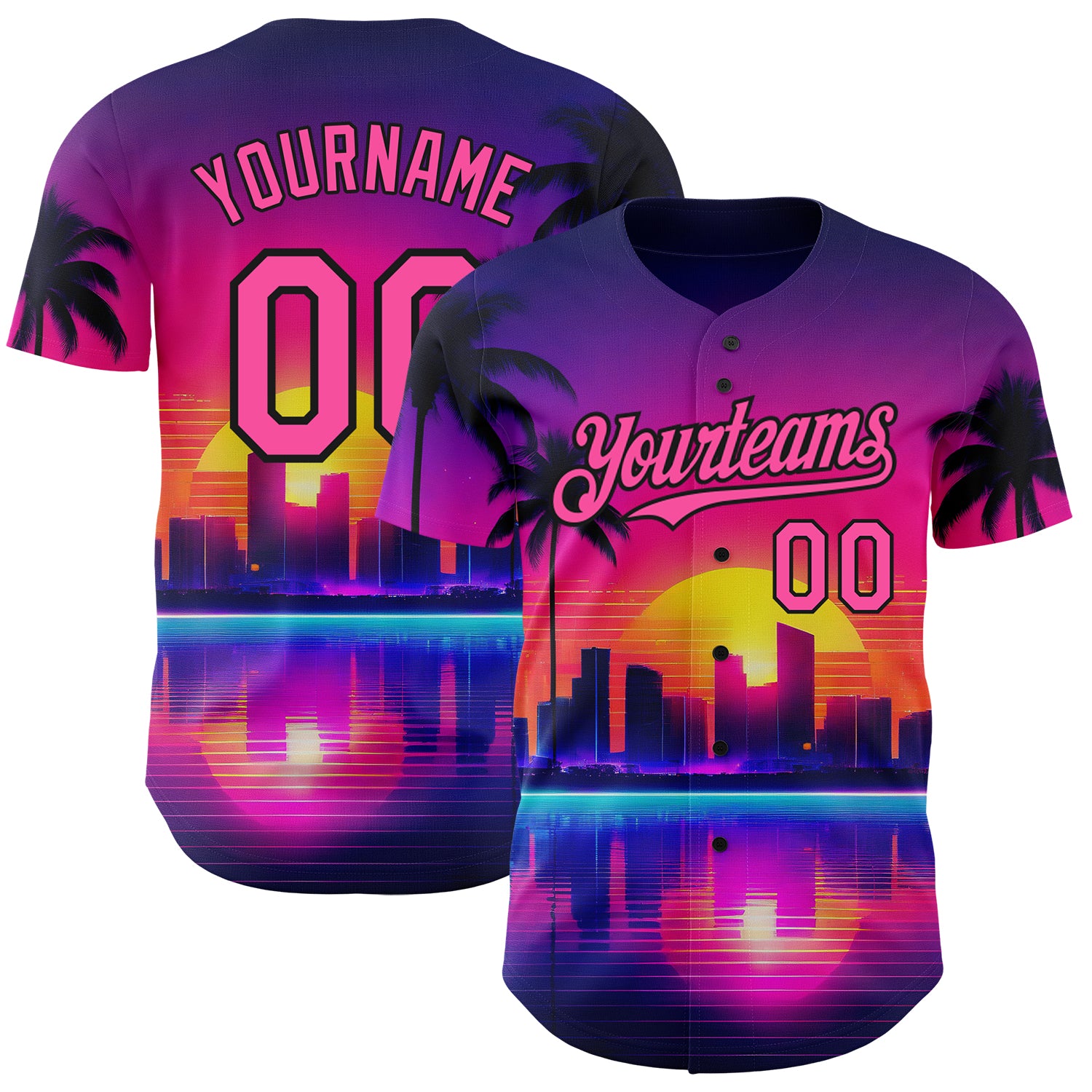 Personalized Purple Pink-Black 3D Miami Palm Trees City Edition Authentic Baseball Jersey Team Custom Name and Number