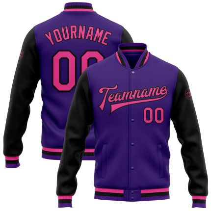 Personalized Purple Pink-Black Bomber Full-Snap Varsity Letterman Two Tone Jacket Team Custom Name and Number
