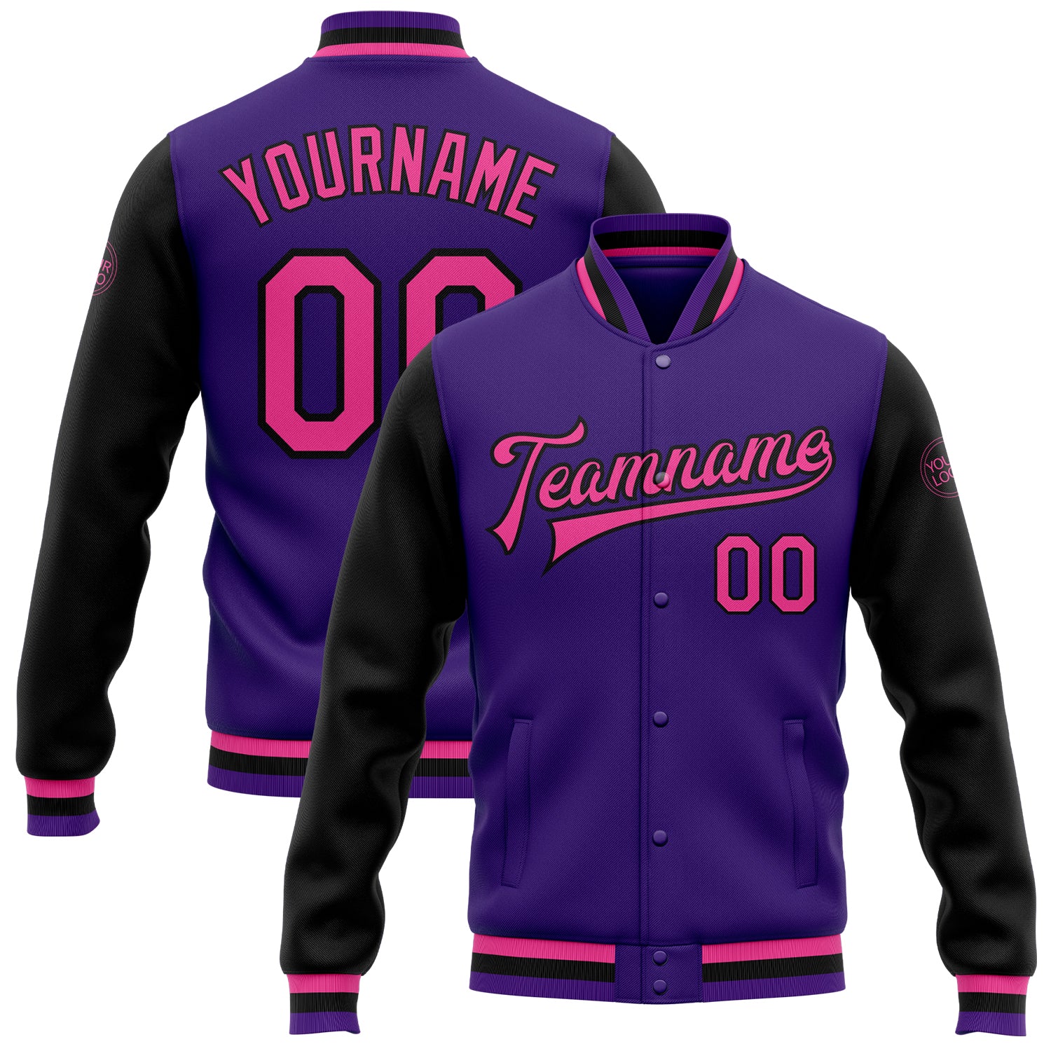 Personalized Purple Pink-Black Bomber Full-Snap Varsity Letterman Two Tone Jacket Team Custom Name and Number