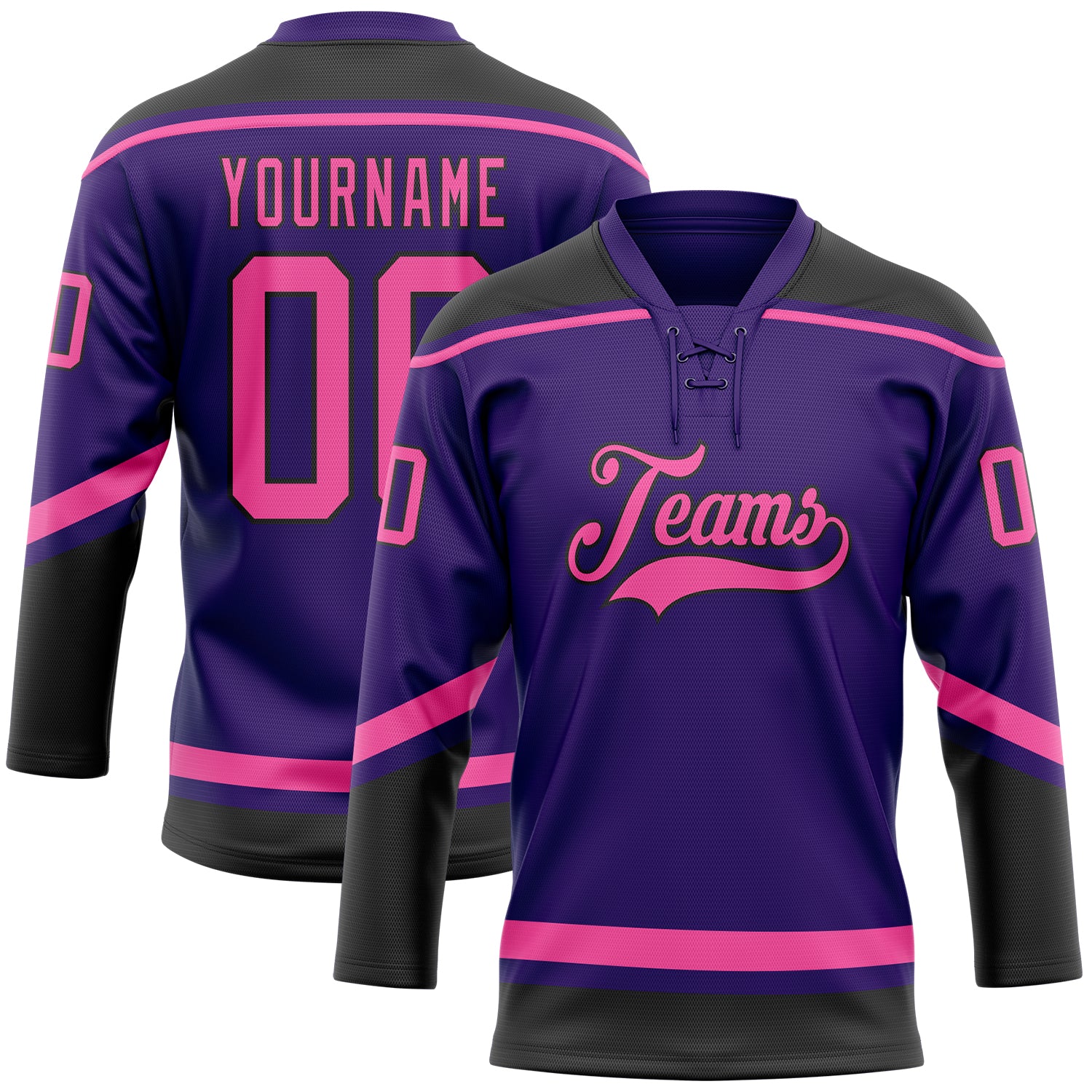 Personalized Purple Pink-Black Hockey Lace Neck Jersey Team Custom Name and Number