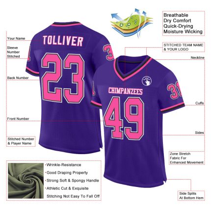 Personalized Purple Pink-Black Mesh Authentic Throwback Football Jersey Team Custom Name and Number