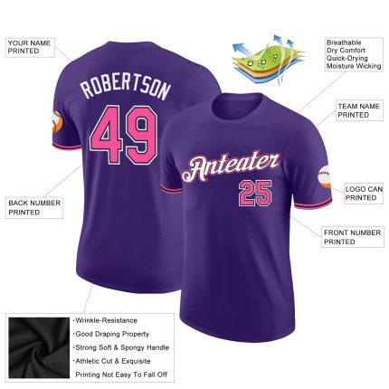 Personalized Purple Pink-Black Performance T-Shirt Team Custom Name and Number