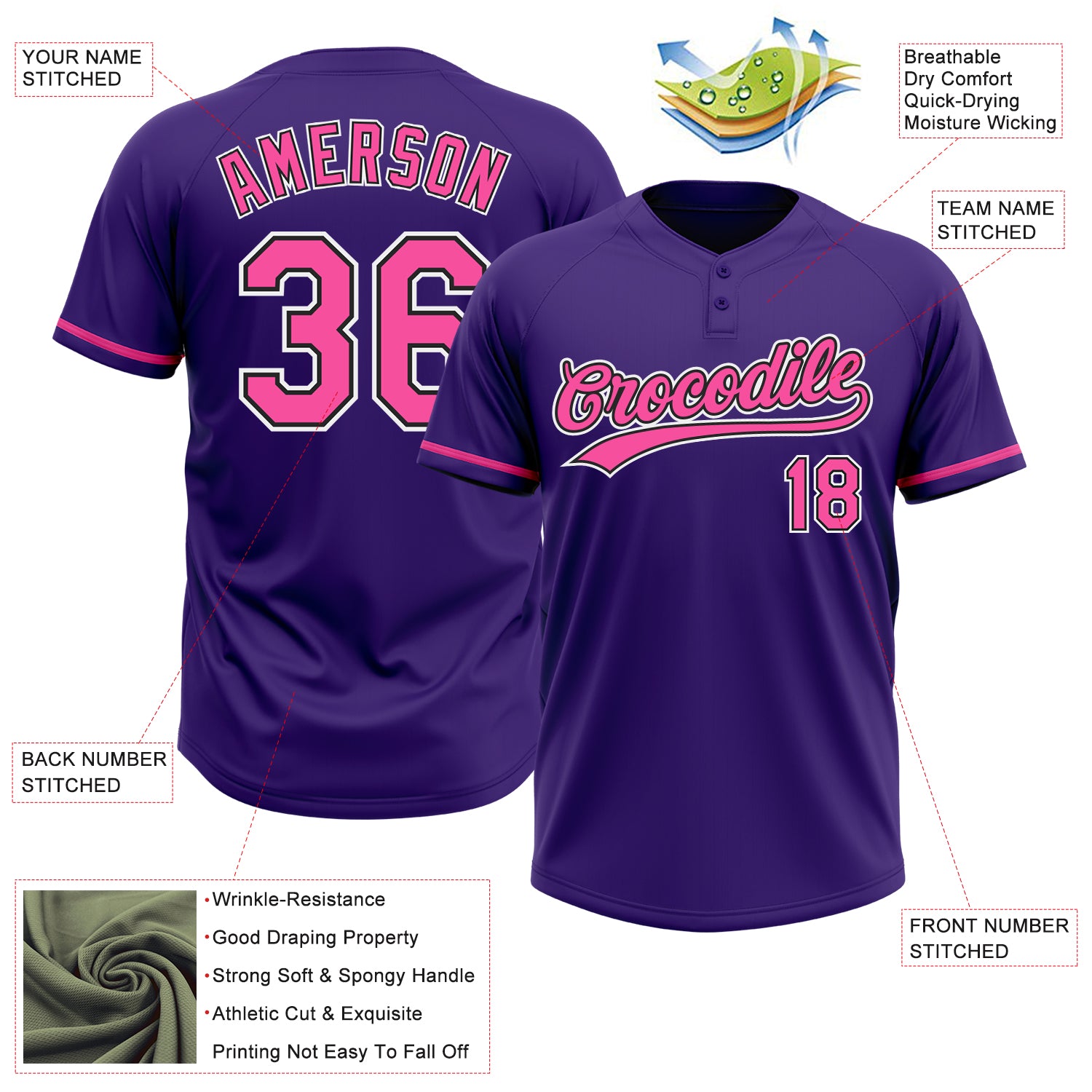 Personalized Purple Pink-Black Two-Button Unisex Softball Jersey Team Custom Name and Number Personalized Purple Pink-Black Two-Button Unisex Softball Jersey Team Custom Name and Number - Image 3