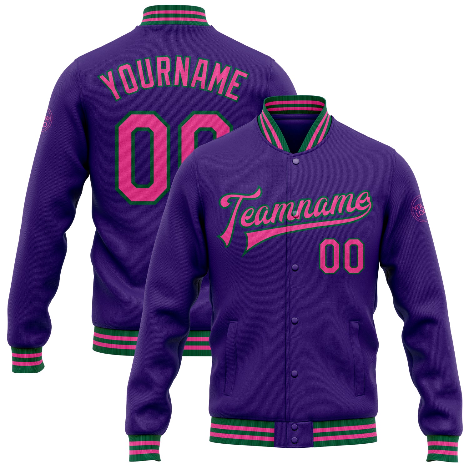 Personalized Purple Pink-Kelly Green Bomber Full-Snap Varsity Letterman Jacket Team Custom Name and Number