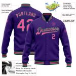 Personalized Purple Pink-Kelly Green Bomber Full-Snap Varsity Letterman Jacket Team Custom Name and Number