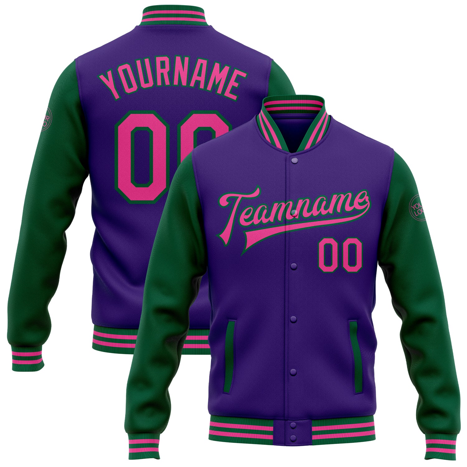 Personalized Purple Pink-Kelly Green Bomber Full-Snap Varsity Letterman Two Tone Jacket Team Custom Name and Number