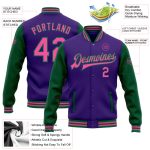 Personalized Purple Pink-Kelly Green Bomber Full-Snap Varsity Letterman Two Tone Jacket Team Custom Name and Number