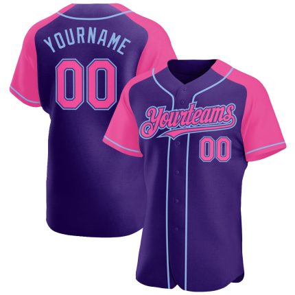 Personalized Purple Pink-Light Blue Authentic Raglan Sleeves Baseball Jersey Team Custom Name and Number