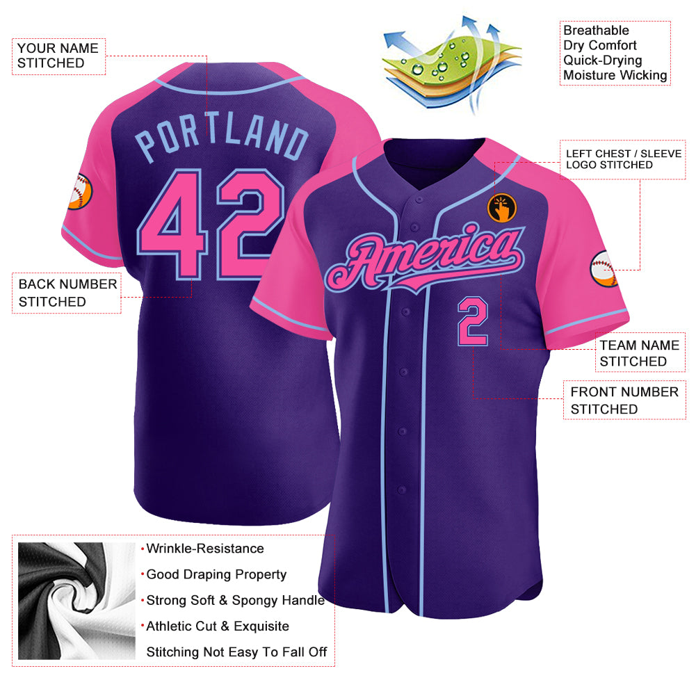 Personalized Purple Pink-Light Blue Authentic Raglan Sleeves Baseball Jersey Team Custom Name and Number Personalized Purple Pink-Light Blue Authentic Raglan Sleeves Baseball Jersey Team Custom Name and Number - Image 3